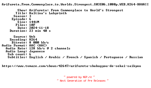 NFO for the release Arifureta.From.Commonplace.to.Worlds.Strongest.S03E06.1080p.WEB.H264-KAWAII by KAWAII