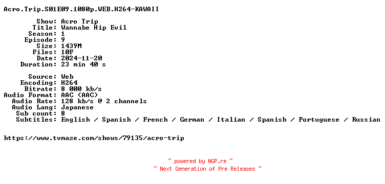 NFO for the release Acro.Trip.S01E09.1080p.WEB.H264-KAWAII by KAWAII