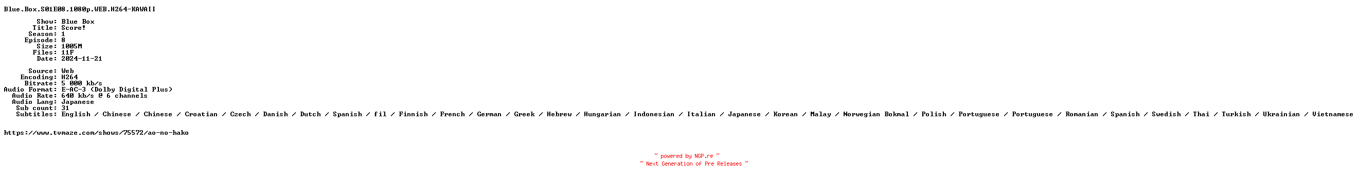 NFO for the release Blue.Box.S01E08.1080p.WEB.H264-KAWAII by KAWAII