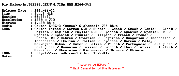 NFO for the release Die.Kaiserin.S02E03.GERMAN.720p.WEB.H264-FWB by FWB