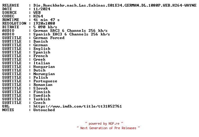 NFO for the release Die.Rueckkehr.nach.Las.Sabinas.S01E34.GERMAN.DL.1080P.WEB.H264-WAYNE by WAYNE