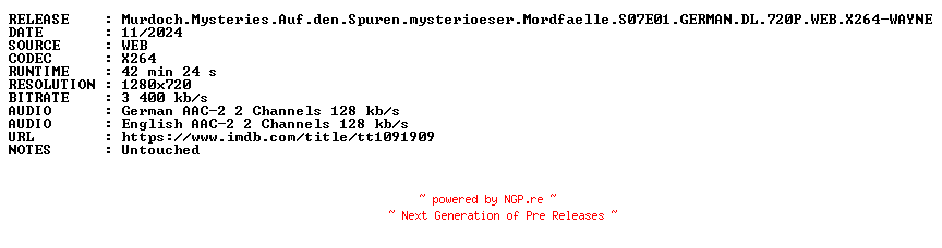 NFO for the release Murdoch.Mysteries.Auf.den.Spuren.mysterioeser.Mordfaelle.S07E01.GERMAN.DL.720P.WEB.X264-WAYNE by WAYNE