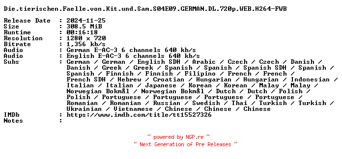 NFO for the release Die.tierischen.Faelle.von.Kit.und.Sam.S04E09.GERMAN.DL.720p.WEB.H264-FWB by FWB