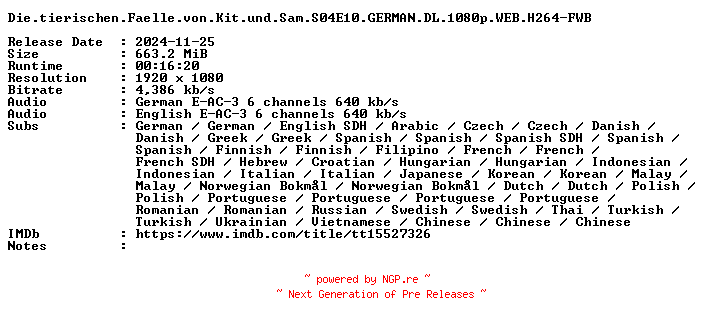 NFO for the release Die.tierischen.Faelle.von.Kit.und.Sam.S04E10.GERMAN.DL.1080p.WEB.H264-FWB by FWB
