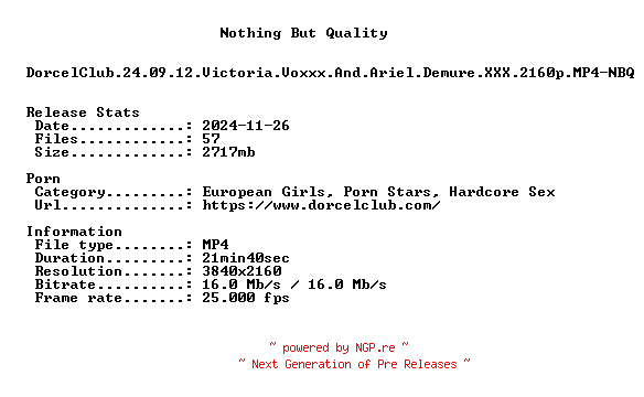 NFO for the release DorcelClub.24.09.12.Victoria.Voxxx.And.Ariel.Demure.XXX.2160p.MP4-NBQ by NBQ