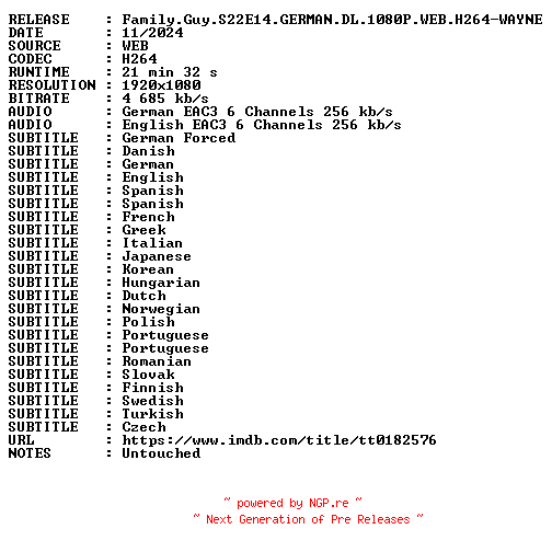 NFO for the release Family.Guy.S22E14.GERMAN.DL.1080P.WEB.H264-WAYNE by WAYNE