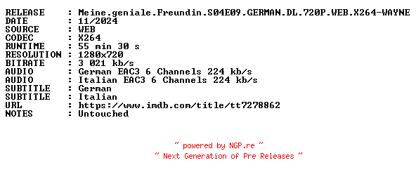 NFO for the release Meine.geniale.Freundin.S04E09.GERMAN.DL.720P.WEB.X264-WAYNE by WAYNE