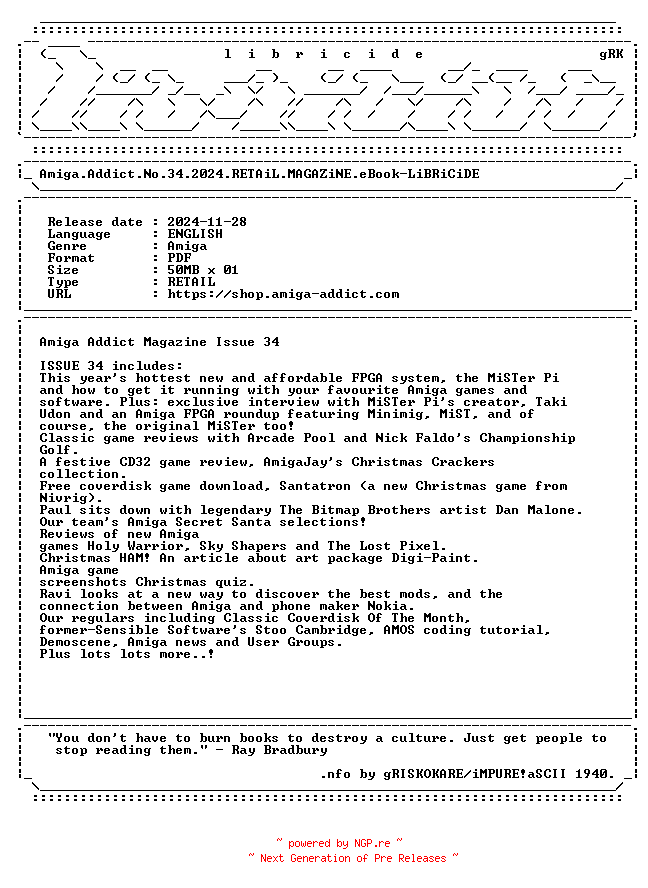 NFO for the release Amiga.Addict.No.34.2024.RETAiL.MAGAZiNE.eBook-LiBRiCiDE by LiBRiCiDE