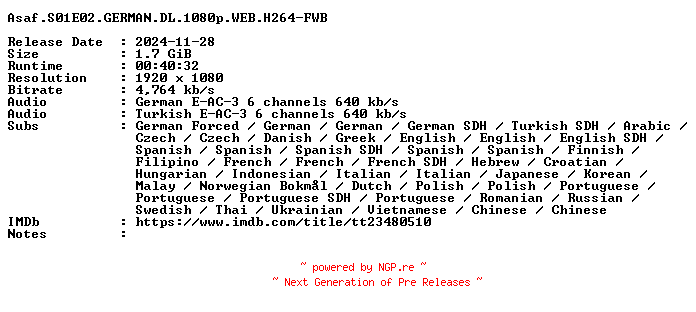 NFO for the release Asaf.S01E02.GERMAN.DL.1080p.WEB.H264-FWB by FWB
