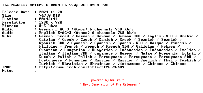 NFO for the release The.Madness.S01E02.GERMAN.DL.720p.WEB.H264-FWB by FWB