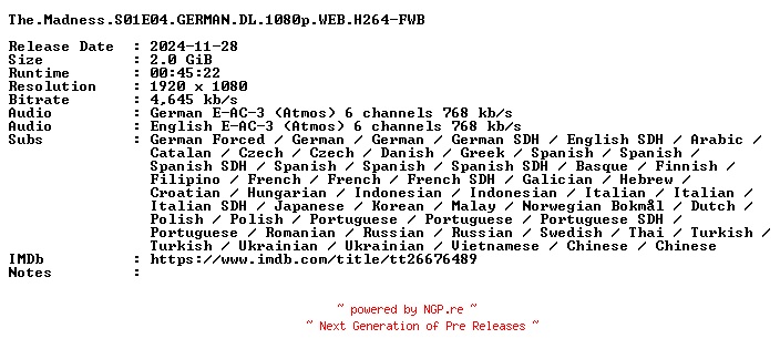 NFO for the release The.Madness.S01E04.GERMAN.DL.1080p.WEB.H264-FWB by FWB