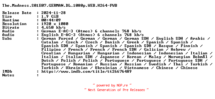 NFO for the release The.Madness.S01E07.GERMAN.DL.1080p.WEB.H264-FWB by FWB
