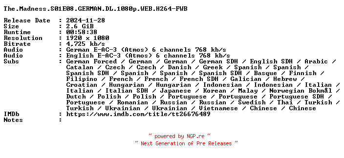 NFO for the release The.Madness.S01E08.GERMAN.DL.1080p.WEB.H264-FWB by FWB
