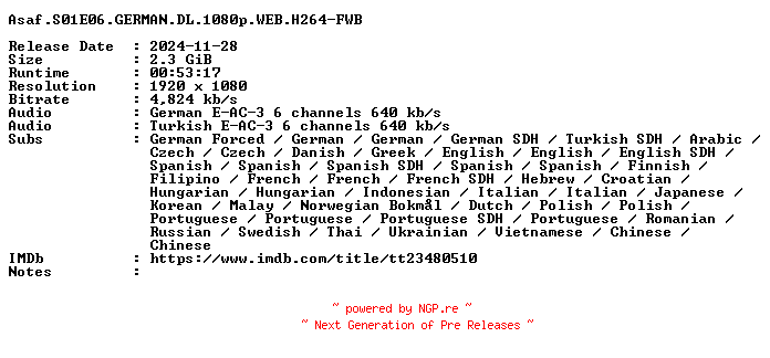 NFO for the release Asaf.S01E06.GERMAN.DL.1080p.WEB.H264-FWB by FWB