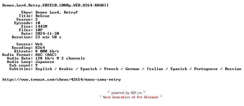 NFO for the release Demon.Lord.Retry.S02E10.1080p.WEB.H264-KAWAII by KAWAII