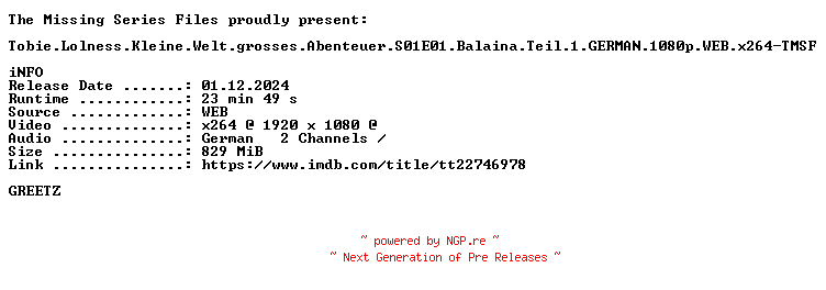 NFO for the release Tobie.Lolness.Kleine.Welt.grosses.Abenteuer.S01E01.Balaina.Teil.1.GERMAN.1080p.WEB.x264-TMSF by TMSF
