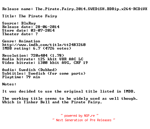 NFO for the release The.Pirate.Fairy.2014.SWEDiSH.BDRip.x264-RCDiVX by RCDiVX