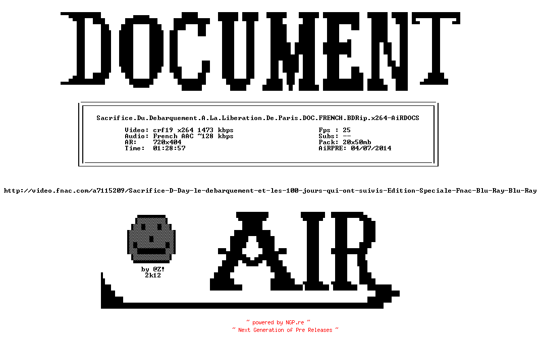 NFO for the release Sacrifice.Du.Debarquement.A.La.Liberation.De.Paris.DOC.FRENCH.BDRip.x264-AiRDOCS by AiRDOCS