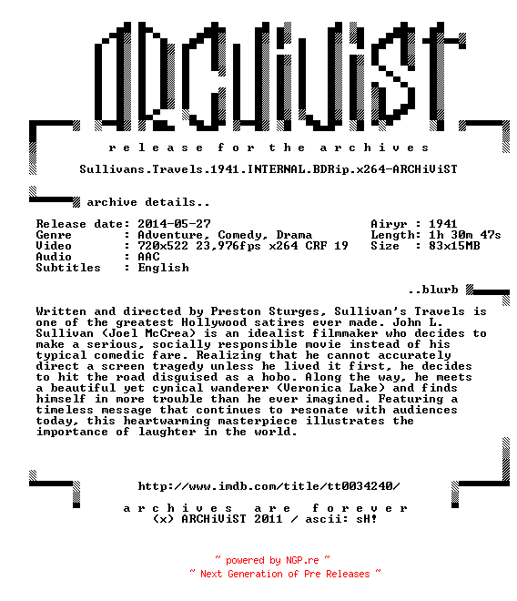 NFO for the release Sullivans.Travels.1941.INTERNAL.BDRip.x264-ARCHiViST by ARCHiViST