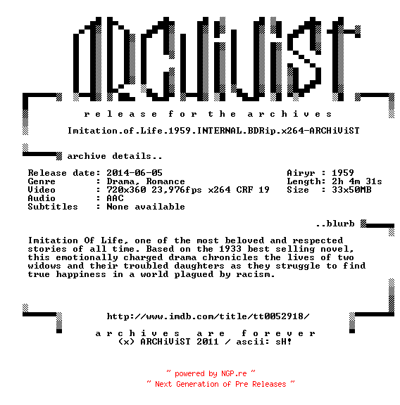NFO for the release Imitation.of.Life.1959.INTERNAL.BDRip.x264-ARCHiViST by ARCHiViST