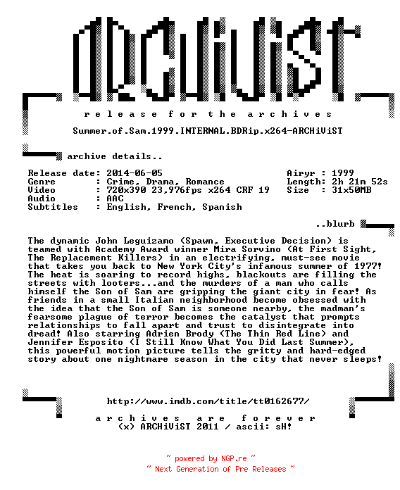 NFO for the release Summer.of.Sam.1999.INTERNAL.BDRip.x264-ARCHiViST by ARCHiViST