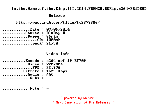 NFO for the release In.the.Name.of.the.King.III.2014.FRENCH.BDRip.x264-PRiDEHD by PRiDEHD