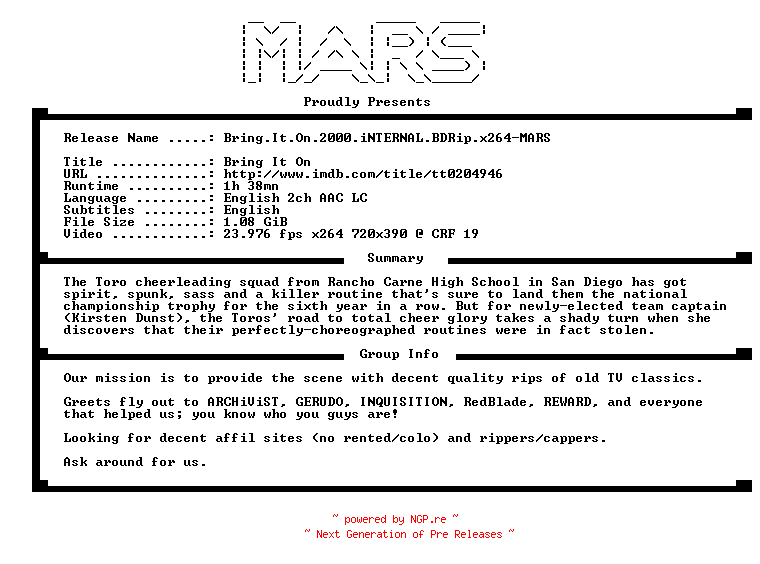 NFO for the release Bring.It.On.2000.iNTERNAL.BDRip.x264-MARS by MARS