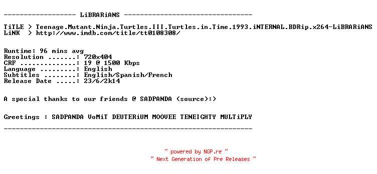 NFO for the release Teenage.Mutant.Ninja.Turtles.III.Turtles.in.Time.1993.iNTERNAL.BDRip.x264-LiBRARiANS by LiBRARiANS