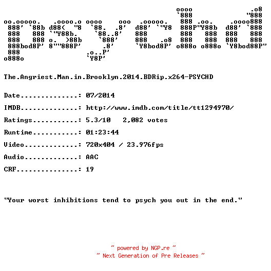 NFO for the release The.Angriest.Man.in.Brooklyn.2014.BDRip.x264-PSYCHD by PSYCHD