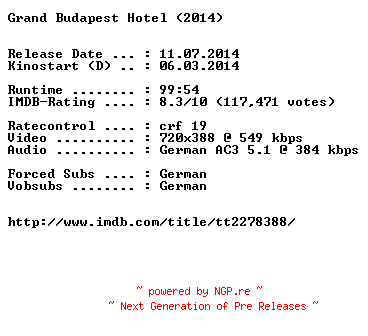NFO for the release Grand.Budapest.Hotel.German.BDRiP.x264-EXQUiSiTE by EXQUiSiTE