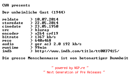 NFO for the release Der.unheimliche.Gast.1944.German.BDRip.x264-CWA by CWA