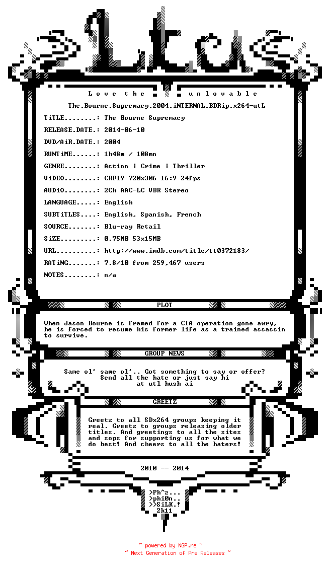 NFO for the release The.Bourne.Supremacy.2004.iNTERNAL.BDRip.x264-utL by utL