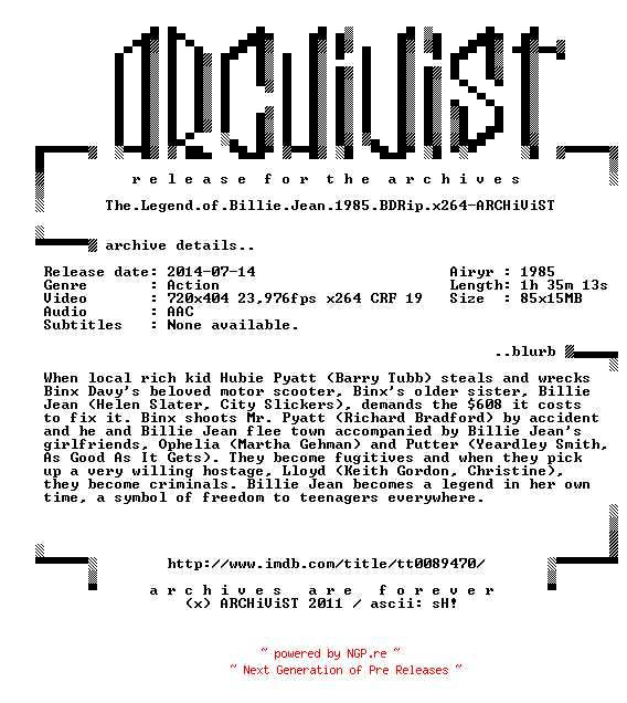 NFO for the release The.Legend.of.Billie.Jean.1985.BDRip.x264-ARCHiViST by ARCHiViST