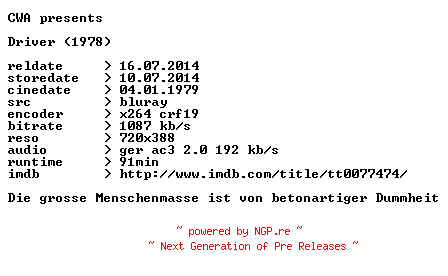 NFO for the release Driver.1978.German.BDRip.x264.iNTERNAL-CWA by CWA
