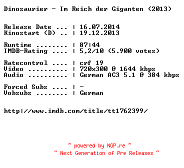 NFO for the release Dinosaurier.Im.Reich.der.Giganten.German.BDRiP.x264-EXQUiSiTE by EXQUiSiTE