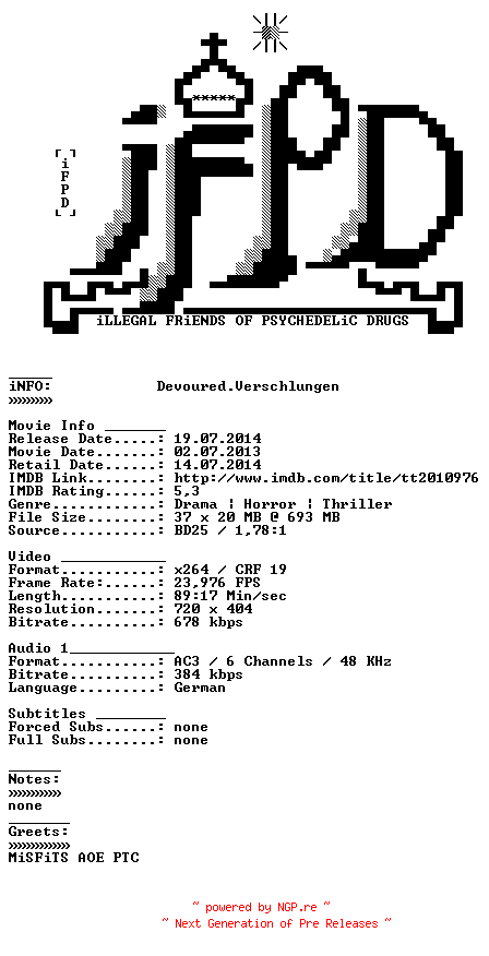 NFO for the release Devoured.Verschlungen.German.2012.AC3.BDRiP.x264-iFPD by iFPD