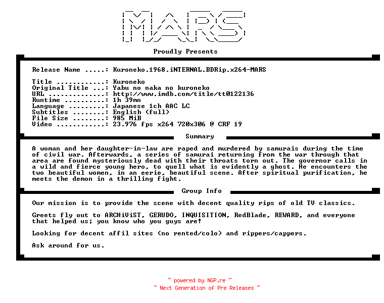 NFO for the release Kuroneko.1968.iNTERNAL.BDRip.x264-MARS by MARS