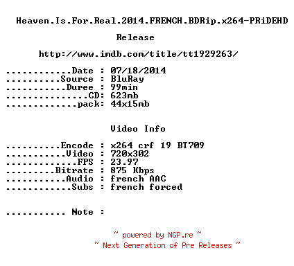 NFO for the release Heaven.Is.For.Real.2014.FRENCH.BDRip.x264-PRiDEHD by PRiDEHD