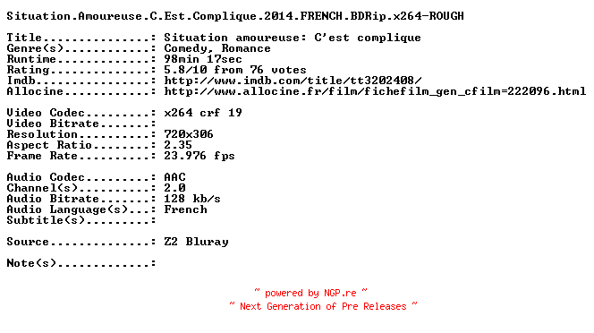 NFO for the release Situation.Amoureuse.C.Est.Complique.2014.FRENCH.BDRip.x264-ROUGH by ROUGH