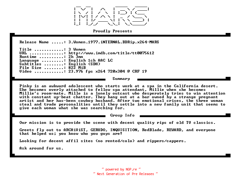 NFO for the release 3.Women.1977.iNTERNAL.BDRip.x264-MARS by MARS