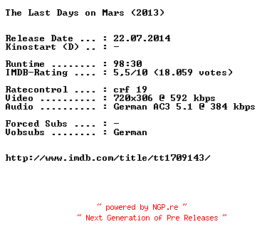 NFO for the release The.Last.Days.on.Mars.German.2013.BDRiP.x264-EXQUiSiTE by EXQUiSiTE