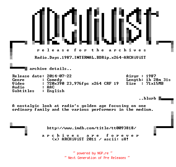 NFO for the release Radio.Days.1987.INTERNAL.BDRip.x264-ARCHiViST by ARCHiViST