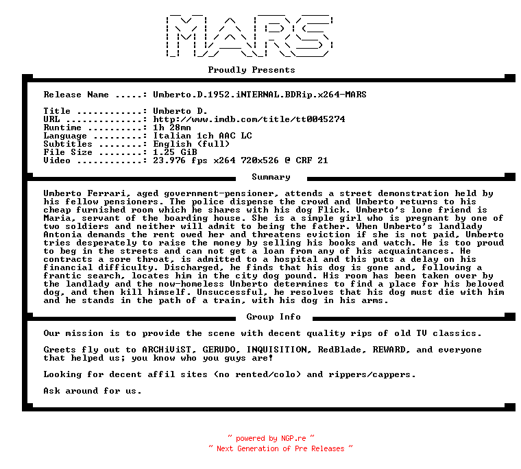 NFO for the release Umberto.D.1952.iNTERNAL.BDRip.x264-MARS by MARS