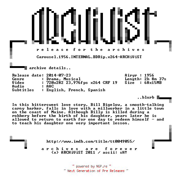 NFO for the release Carousel.1956.INTERNAL.BDRip.x264-ARCHiViST by ARCHiViST