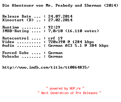 NFO for the release Die.Abenteuer.von.Mr.Peabody.and.Sherman.German.BDRiP.x264-EXQUiSiTE by EXQUiSiTE