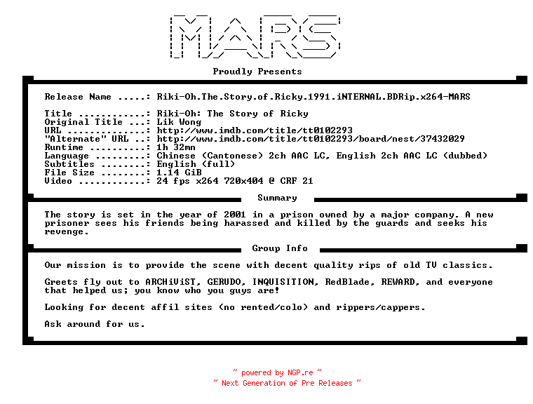 NFO for the release Riki-Oh.The.Story.of.Ricky.1991.iNTERNAL.BDRip.x264-MARS by MARS