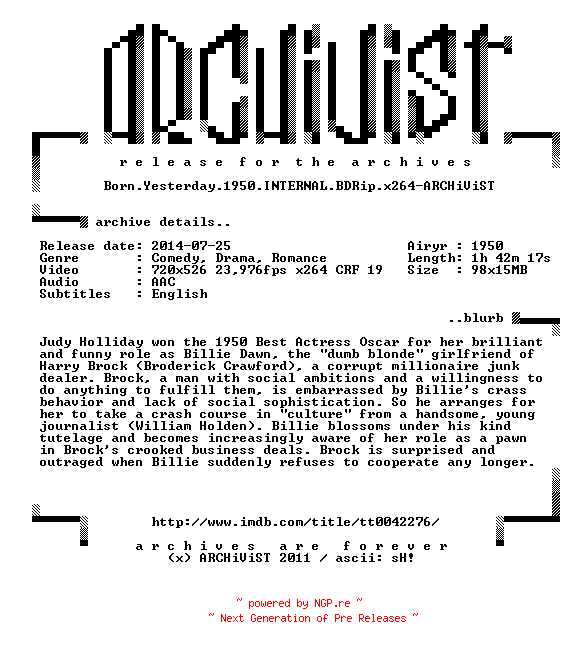 NFO for the release Born.Yesterday.1950.INTERNAL.BDRip.x264-ARCHiViST by ARCHiViST
