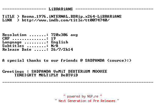 NFO for the release Keoma.1976.iNTERNAL.BDRip.x264-LiBRARiANS by LiBRARiANS