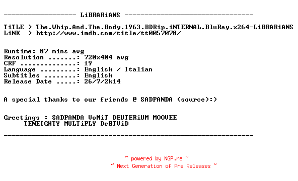 NFO for the release The.Whip.And.The.Body.1963.BDRip.iNTERNAL.BluRay.x264-LiBRARiANS by LiBRARiANS