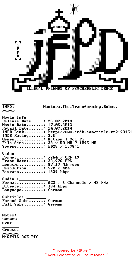 NFO for the release Mantera.The.Transforming.Robot.German.2012.AC3.BDRiP.x264-iFPD by iFPD